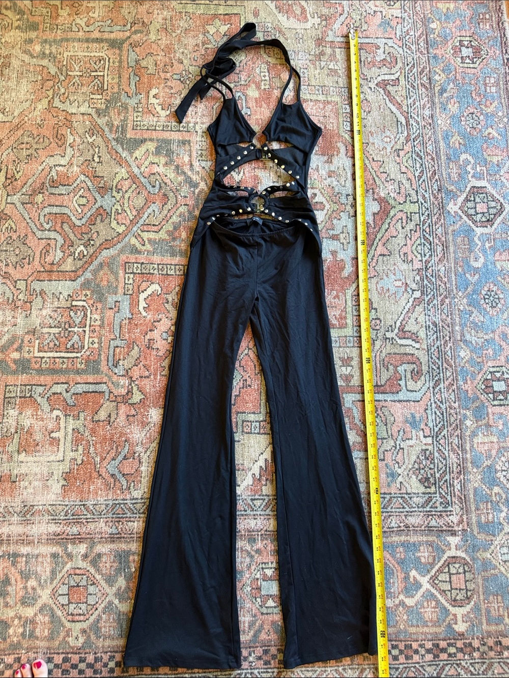 Black Halter Cutout Jumpsuit with Stud Embellishments